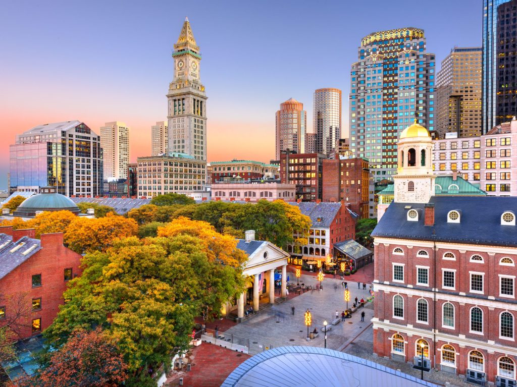 Boston, Massachusetts, USA skyline with Faneuil Hall.