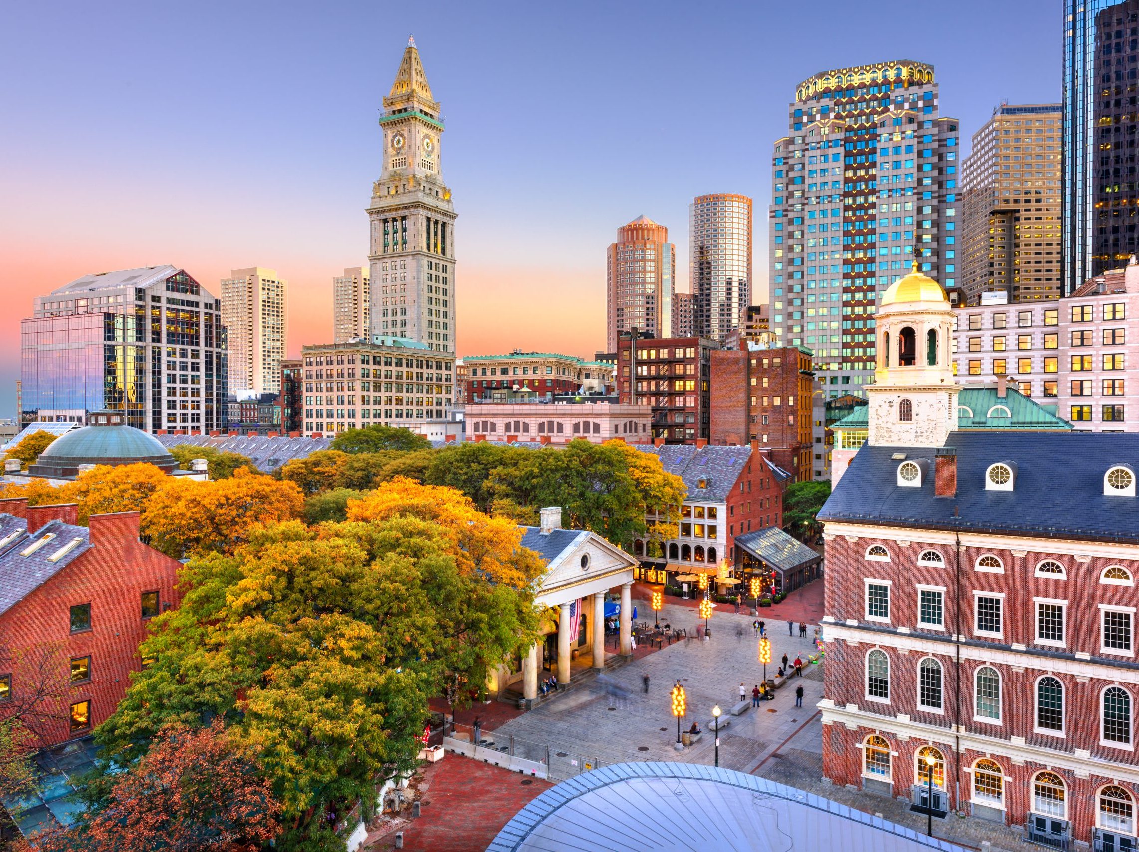 Boston, Massachusetts, USA skyline with Faneuil Hall.